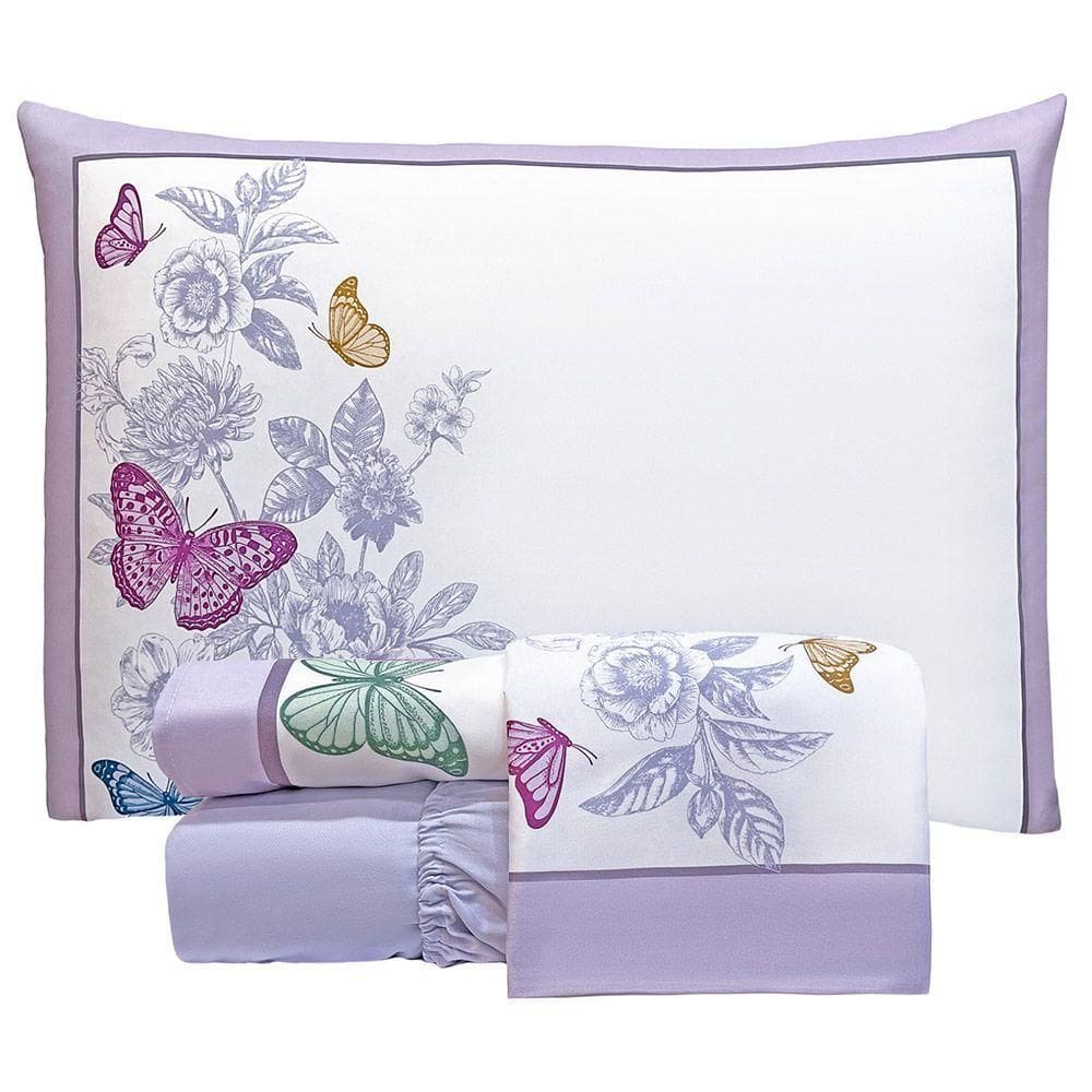 Jogo De Lençol Summer King 4 Peças Micropercal 300 Fios Estampado Floral - Borboleta Lilás - 100% Poliéster