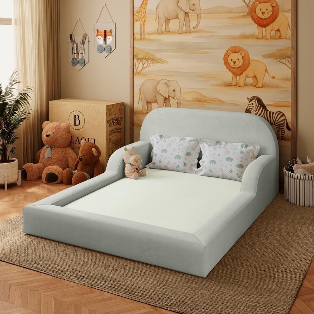 Cama Colchão Casal Montessoriana Infantil Proteção Lateral Cinza Claro