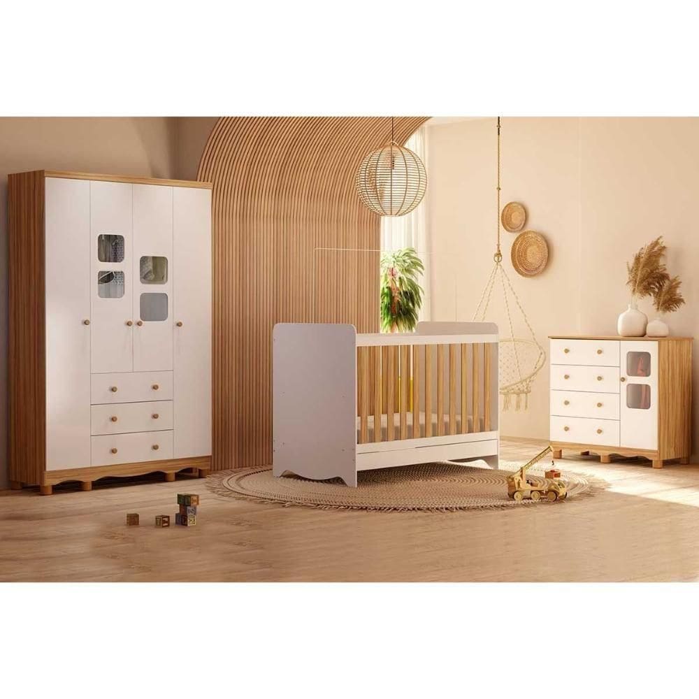 Quarto Infantil Completo 3 Peças (1guardaroupa+1berço+1cômoda) Qi125 Branco-amendoa - Peroba