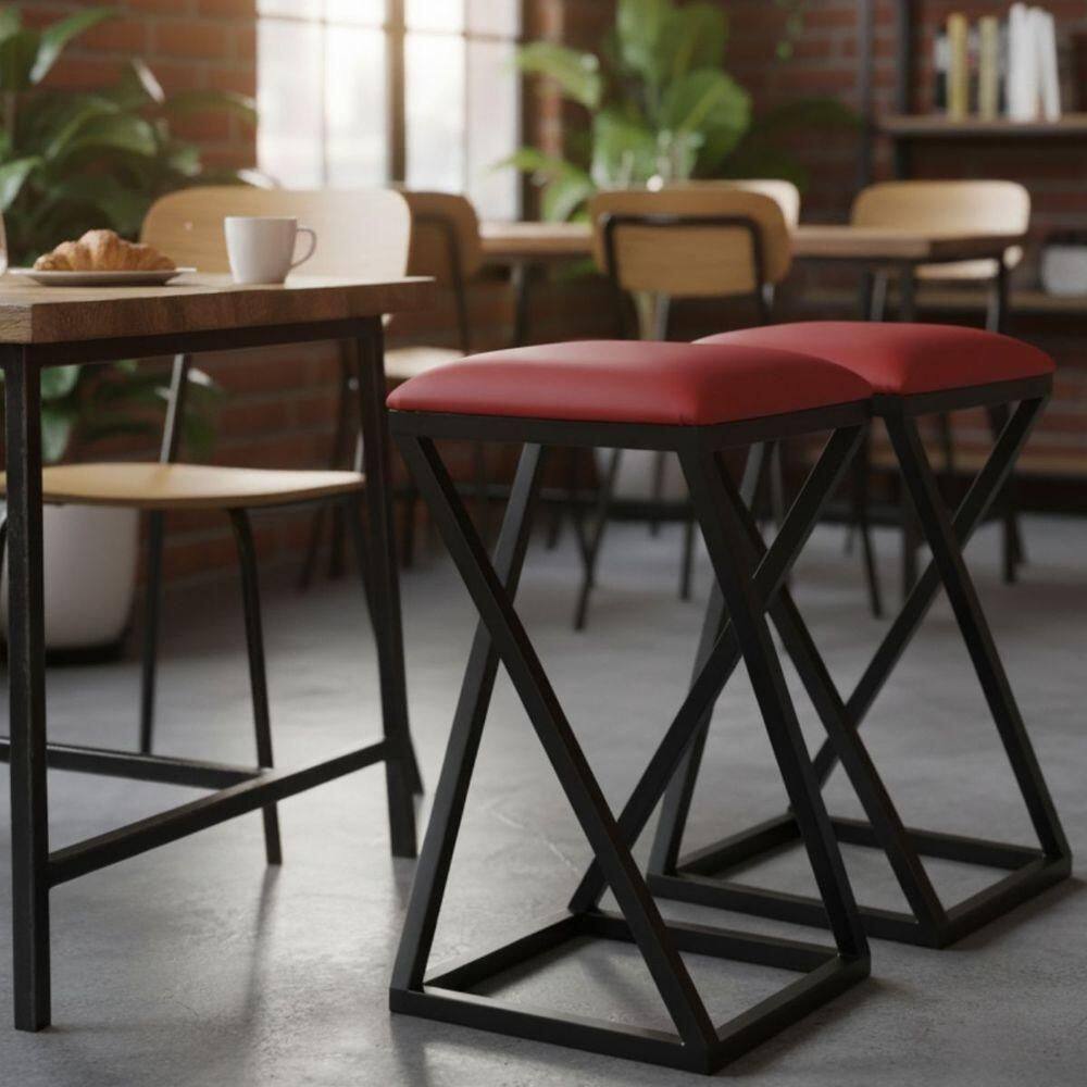 Kit 2 Bancos Bar Banqueta Baixa Ferro Estofada Vermelho