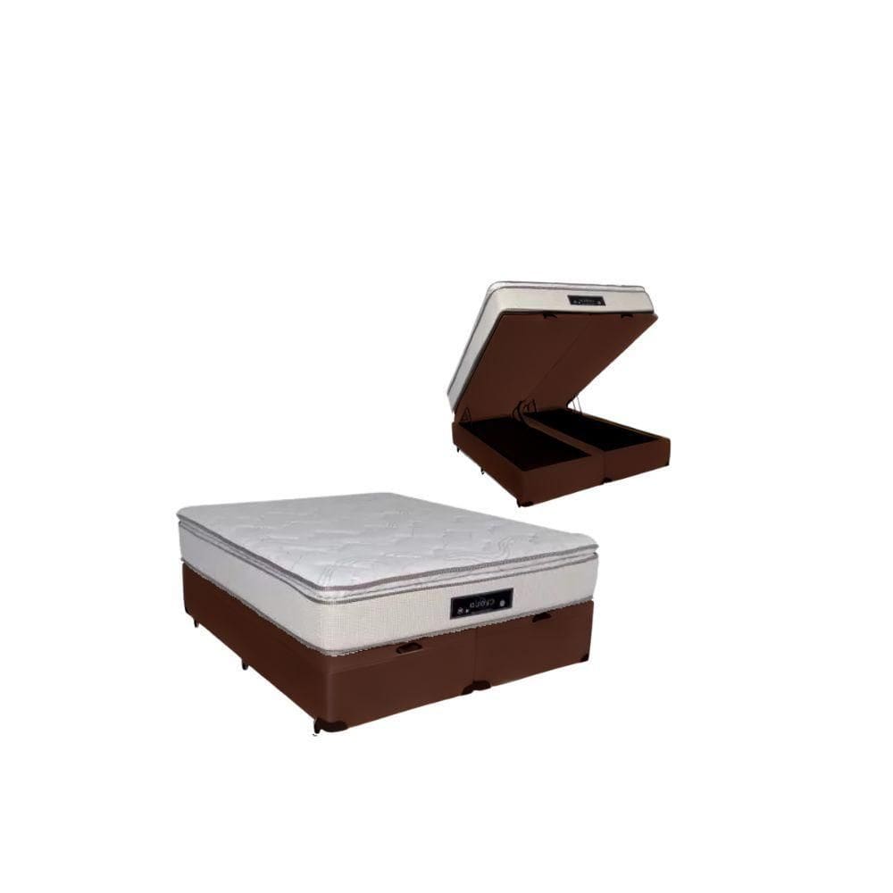 Cama Box Baú Queen Sintético + Colchão Cloud Pillow Top Molas Ensacadas Luckspuma 158x198x74 Cor:marrom