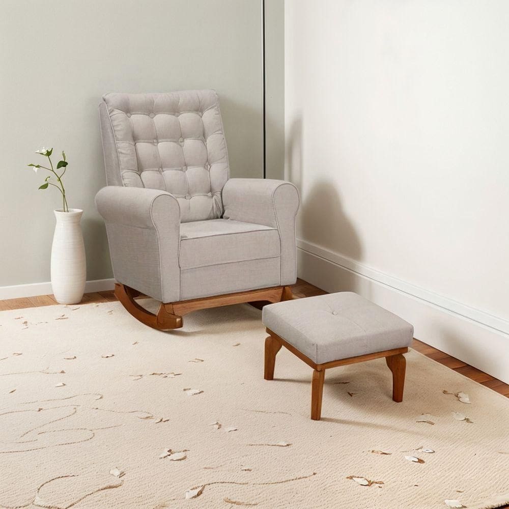 Poltrona E Cadeira Amamentação Balanço Páris C/puff Linho Bege Cor Bege Desenho Do Tecido Liso