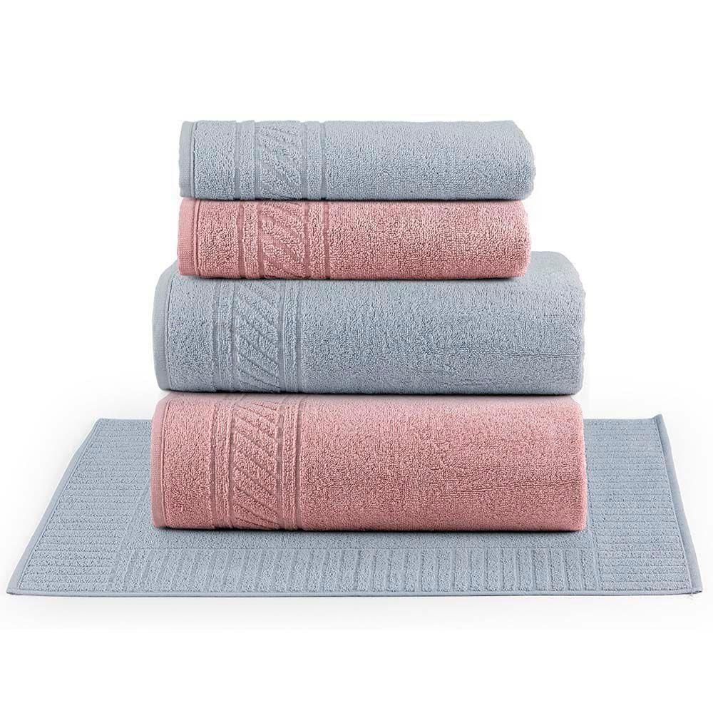 Jogo De Banho Toalhas Yara 100% Algodão Fio Penteado Macio 05 Peças Listras - Rosa Cinza