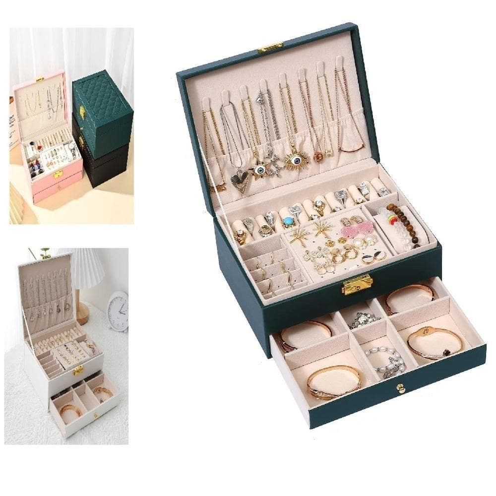 Maleta Porta Joias Caixa Organizador Brincos Estojo Aneis Pulseiras Relogio Gaveta 2 Andares Viagem Cor:branco;tamanho:u