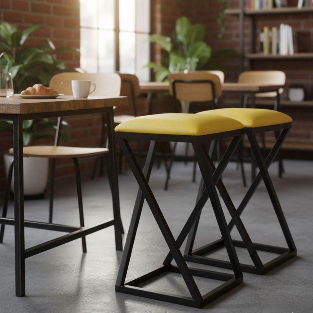 2 Banquetas Baixa Para Mesa De Cozinha Industrial Amarelo