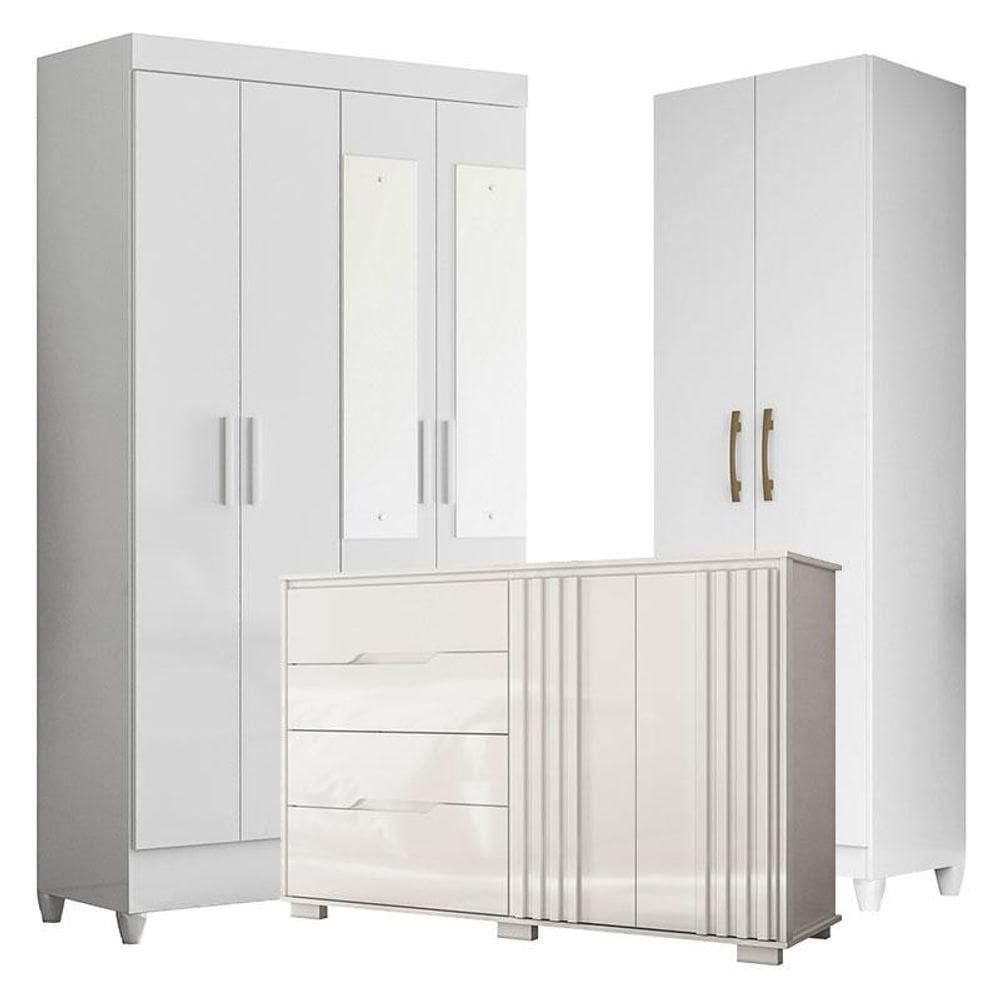 Guarda Roupa Com Espelho Infantil Madri Com Cômoda Texas E Armário Multiuso New íris Branco Brilho - Moval