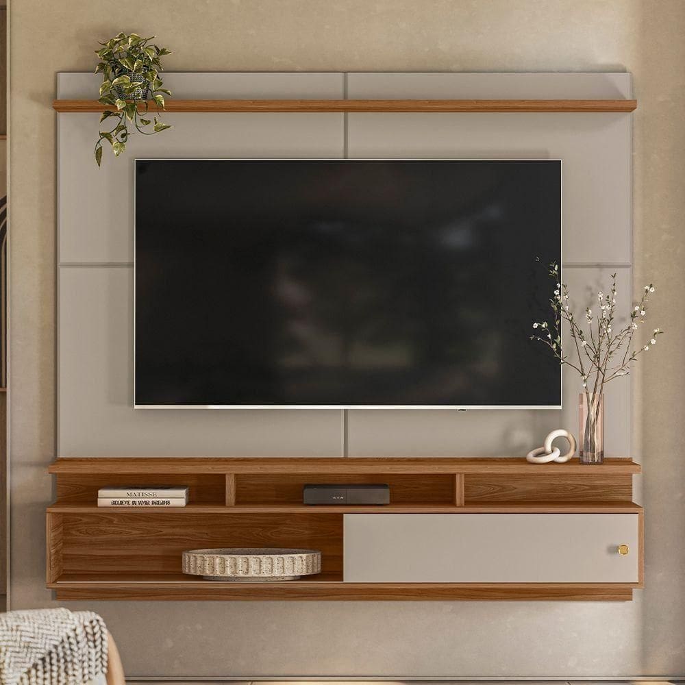 Estante Painel Home Suspenso Para Tv 70” Morretes Grigio Fosco/amêndoa- Mabe Magazine