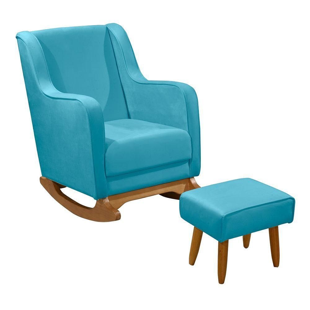 Cadeira Poltrona Amamentação Balanço áquila C/puff Veludo Azul Turquesa
