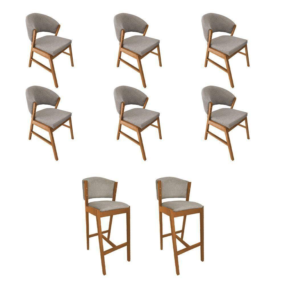 Kit 6 Cadeiras De Jantar Debora Madeira Maciça Com 2 Banquetas Ana Cerejeira Premium Linho Bege