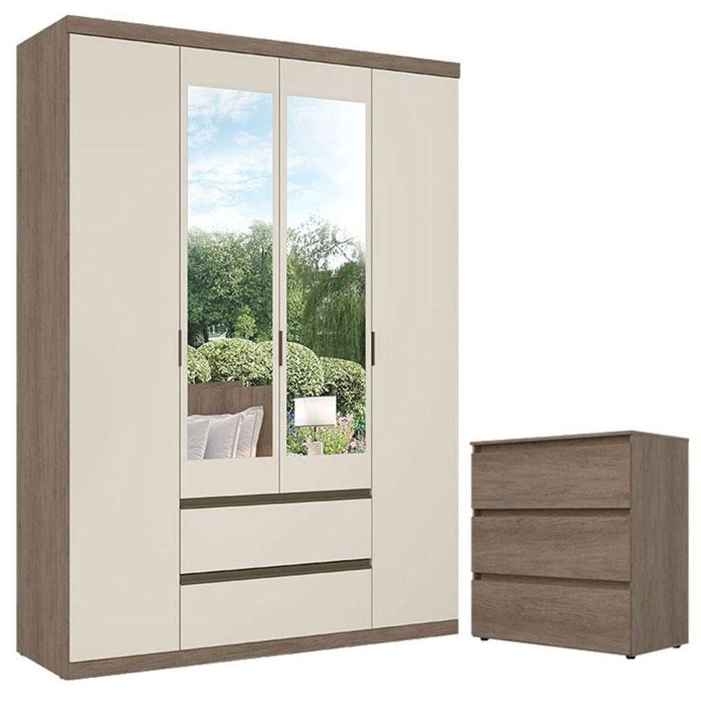 Guarda Roupa Solteiro Nobre Slim Glass 4 Portas Off White E Cômoda Gaveteiro Condessa Rustic Acetinado - Thb
