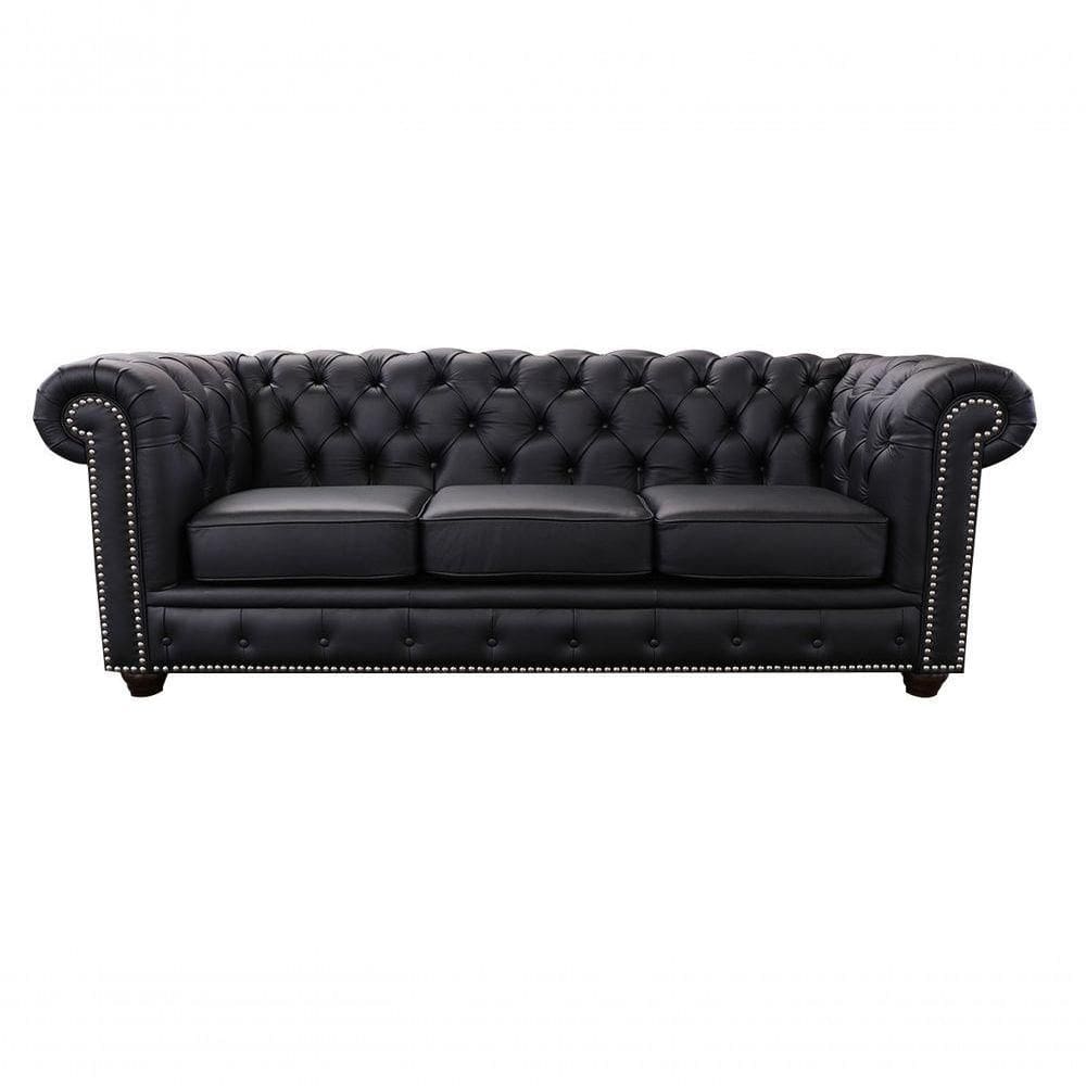 Sofá Chesterfield De Couro 3 Lugares Preto Pigmentado - Mempra
