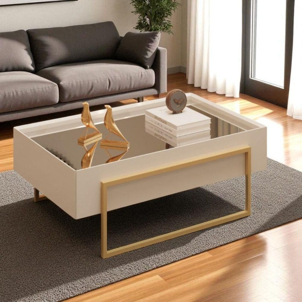 Mesa De Centro Com Tampo Espelhado E Pés Em Metal Dourado Kika Off White - Mabe Magazine