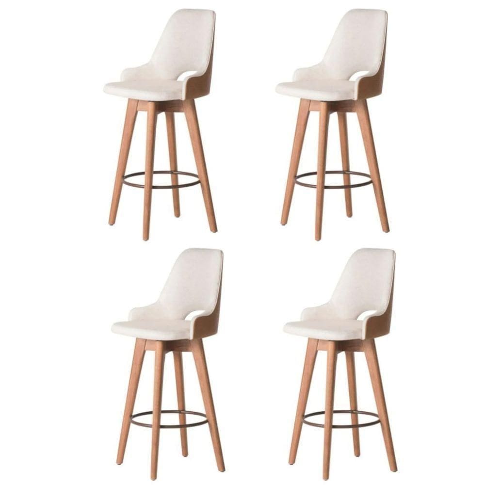 Kit 04 Banquetas Alta Giratória Com Encosto Lary Para Cozinha Composê Corino Nozes E Linho Bege - Aurora Line