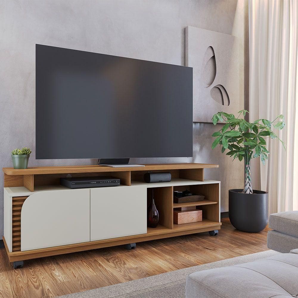 Bancada Tv De 75`` 2 Portas Com Rodízio Ewa 180cm C04 - D`rossi Cor Freijó E Off White