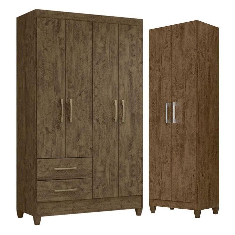 Guarda Roupa Solteiro Chile E Armário Multiuso New Iris Castanho Wood - Moval