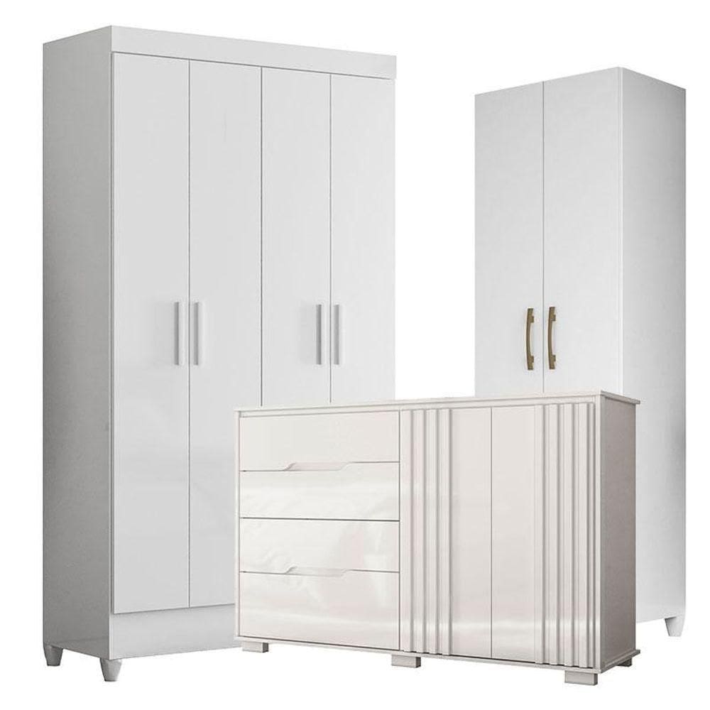 Guarda Roupa Infantil Madri Com Cômoda Texas E Armário Multiuso New íris Branco Brilho - Moval