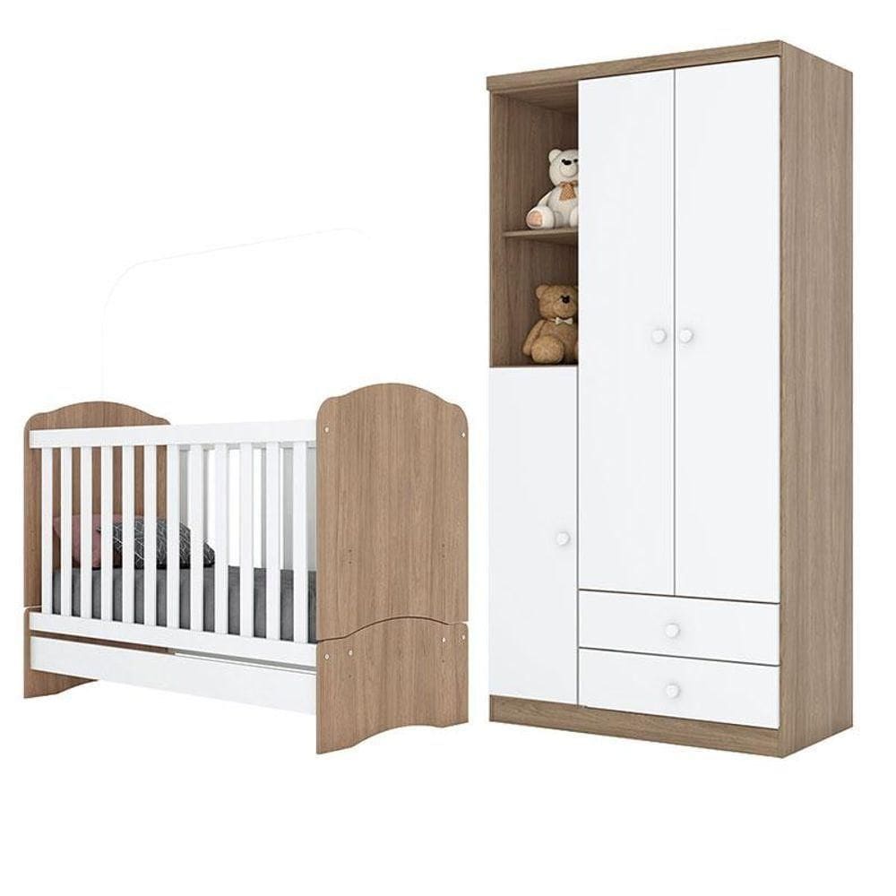 Berço Bala De Menta E Guarda Roupa Infantil Pique-esconde Rústico Branco - Henn