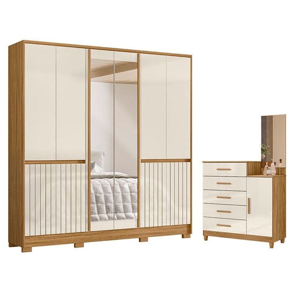 Guarda Roupa Casal Alasca E Cômoda Lisboa Freijó Off White - Moval