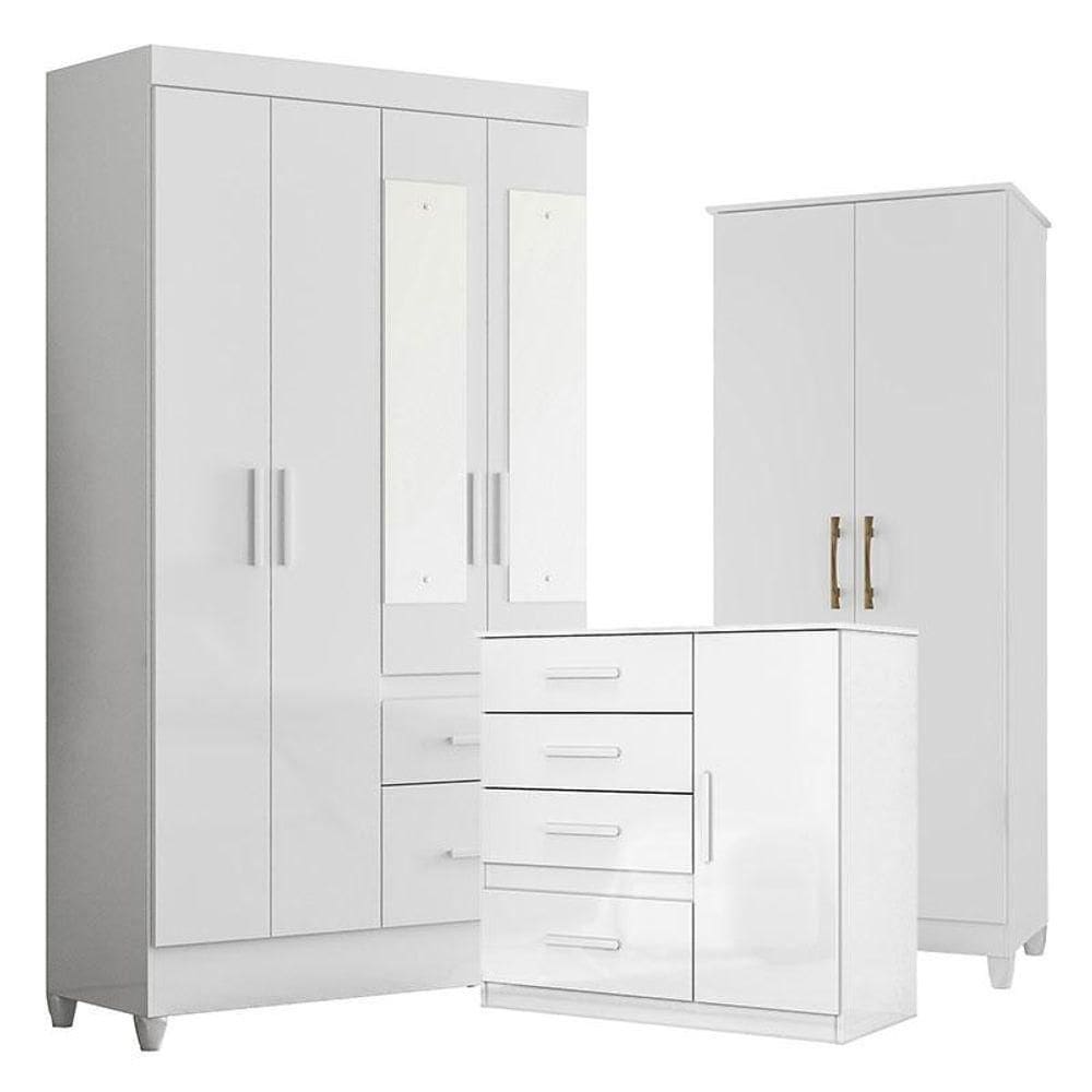 Guarda Roupa Com Espelho Infantil Sobral Com Cômoda Vênus E Armário Multiuso Jade Branco Brilho - Moval
