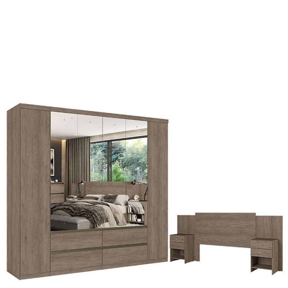 Guarda Roupa Casal Nobre 6 Portas FullGlassRustic Acetinado ECabeceira Com Mesas De Cabeceira Formosa Rustic- Thb