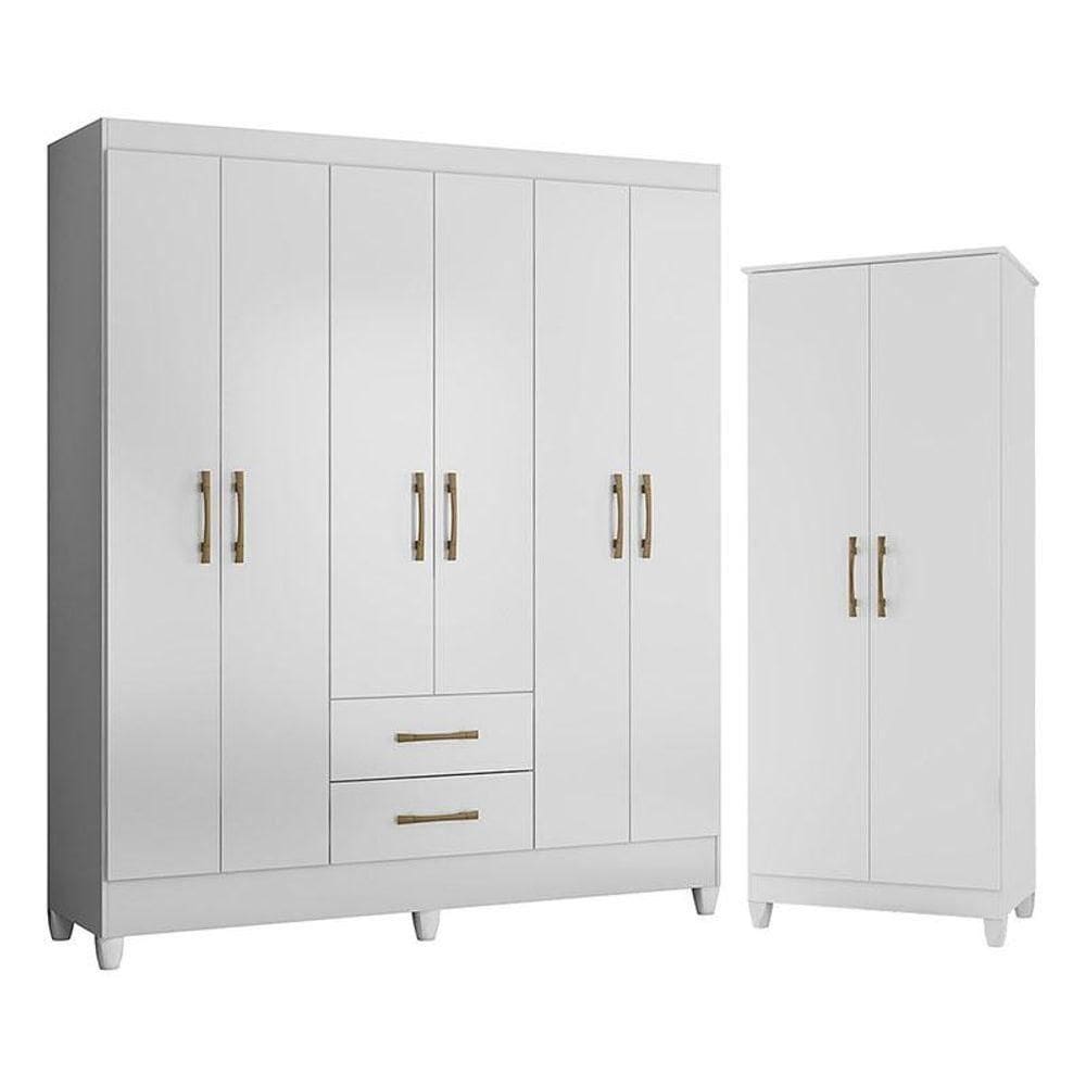 Guarda Roupa Casal Panamá E Armário Multiuso Jade Branco Brilho - Moval