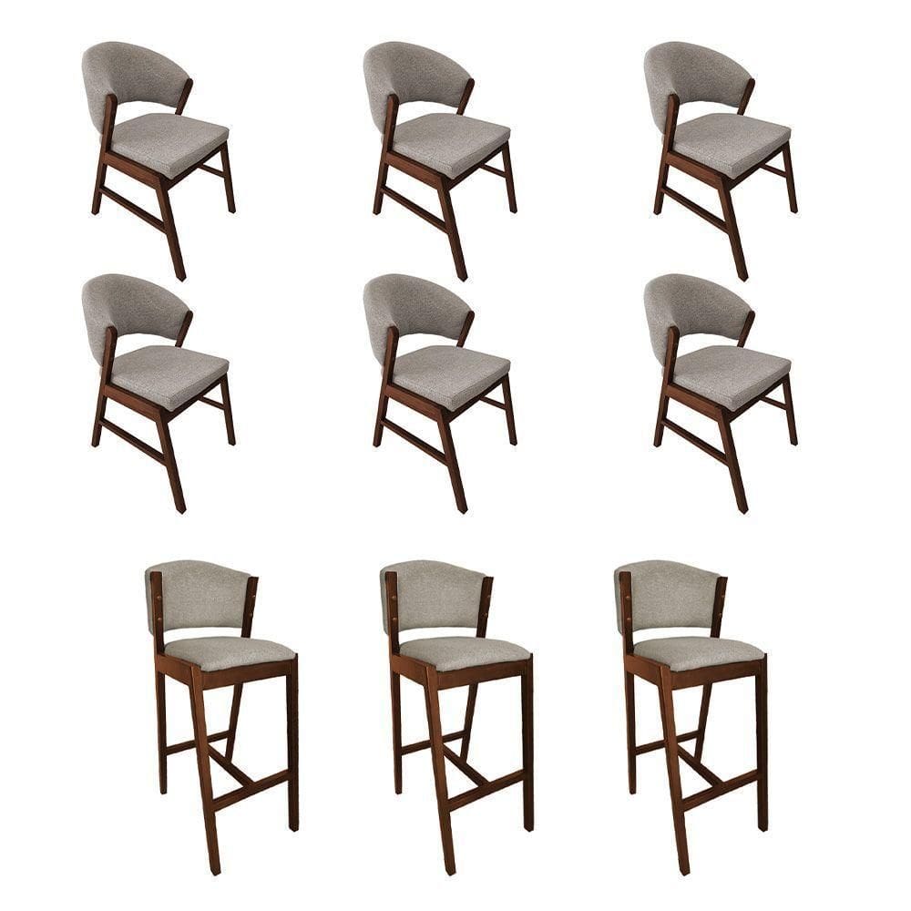 Kit 6 Cadeiras De Jantar Debora Com 3 Banquetas Ana Madeira Maciça Premium Linho Bege