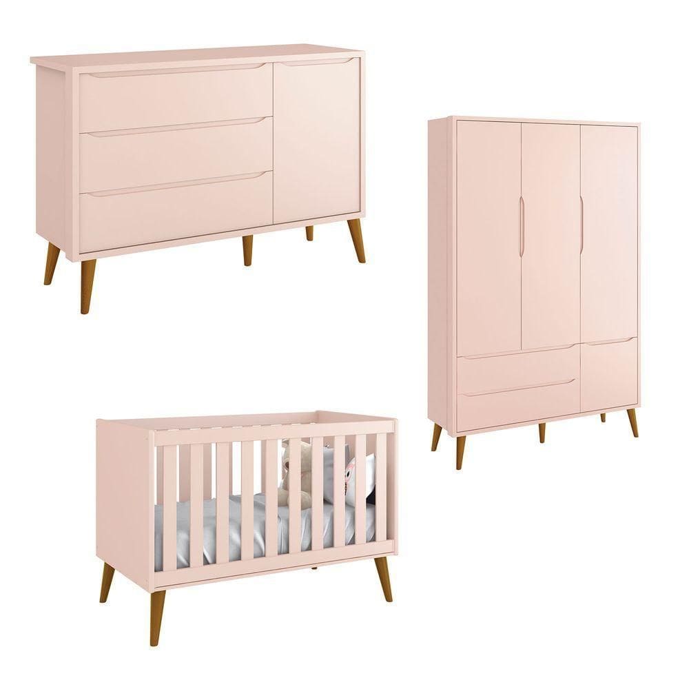 Jogo De Quarto Para Bebê Completo 3 Portas Théo New Rosa Fosco Com Madeira - Reller