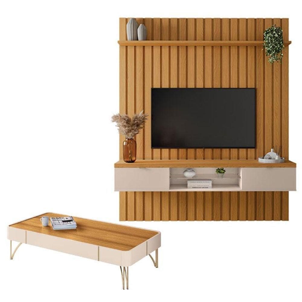 Painel Ripado You Illusion Com Mesa De Centro Cadenza Cinamomo Off White - Hb Móveis