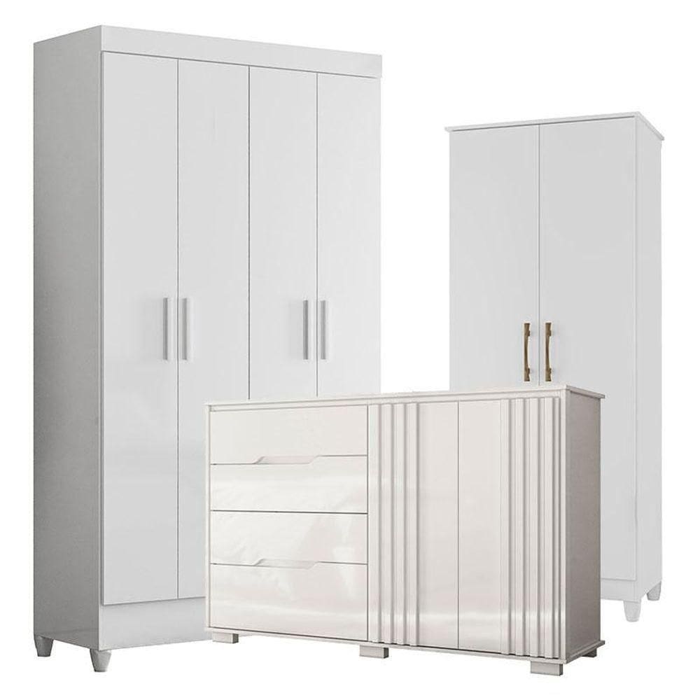 Guarda Roupa Infantil Madri Com Cômoda Texas E Multiuso Jade Branco Brilho - Moval