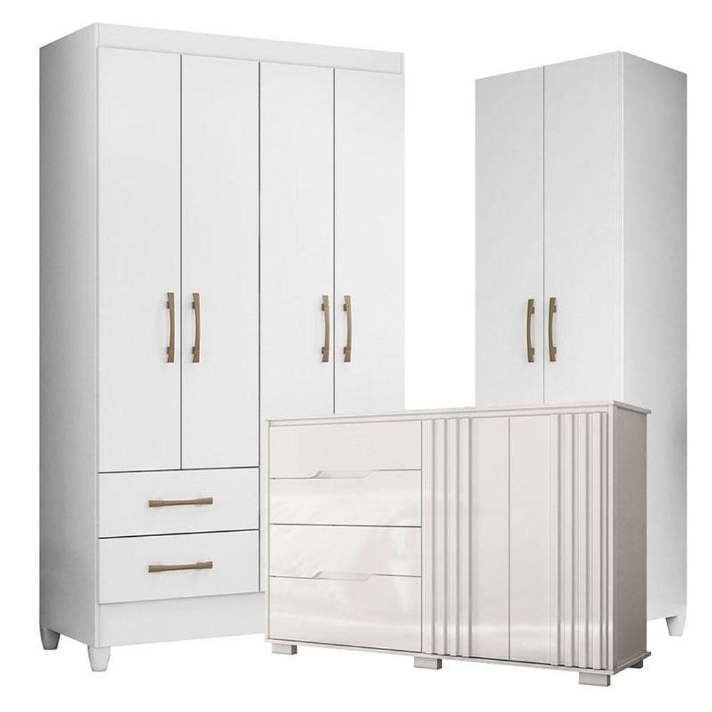 Guarda Roupa Solteiro Chile Com Cômoda Texas E Armário Multiuso New íris Branco Brilho - Moval