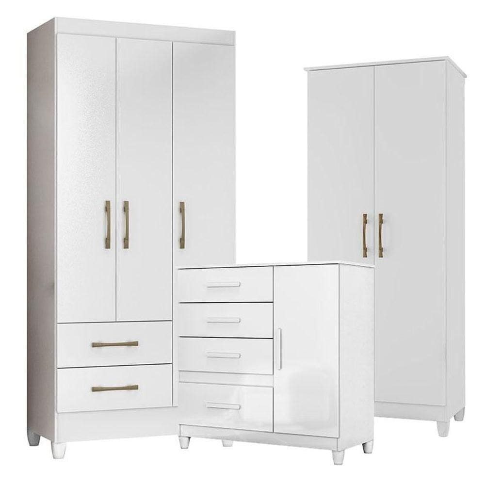 Guarda Roupa Infantil Lima Com Cômoda Vênus Com Pés E Armário Multiuso Jade Branco Brilho - Moval