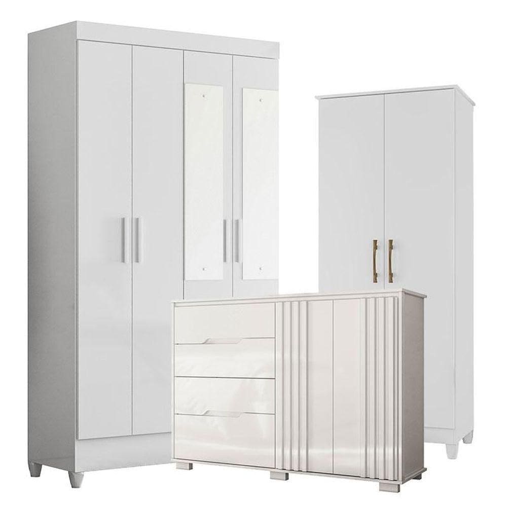 Guarda Roupa Com Espelho Infantil Sobral Com Cômoda Texas E Armário Multiuso Jade Branco Brilho - Moval