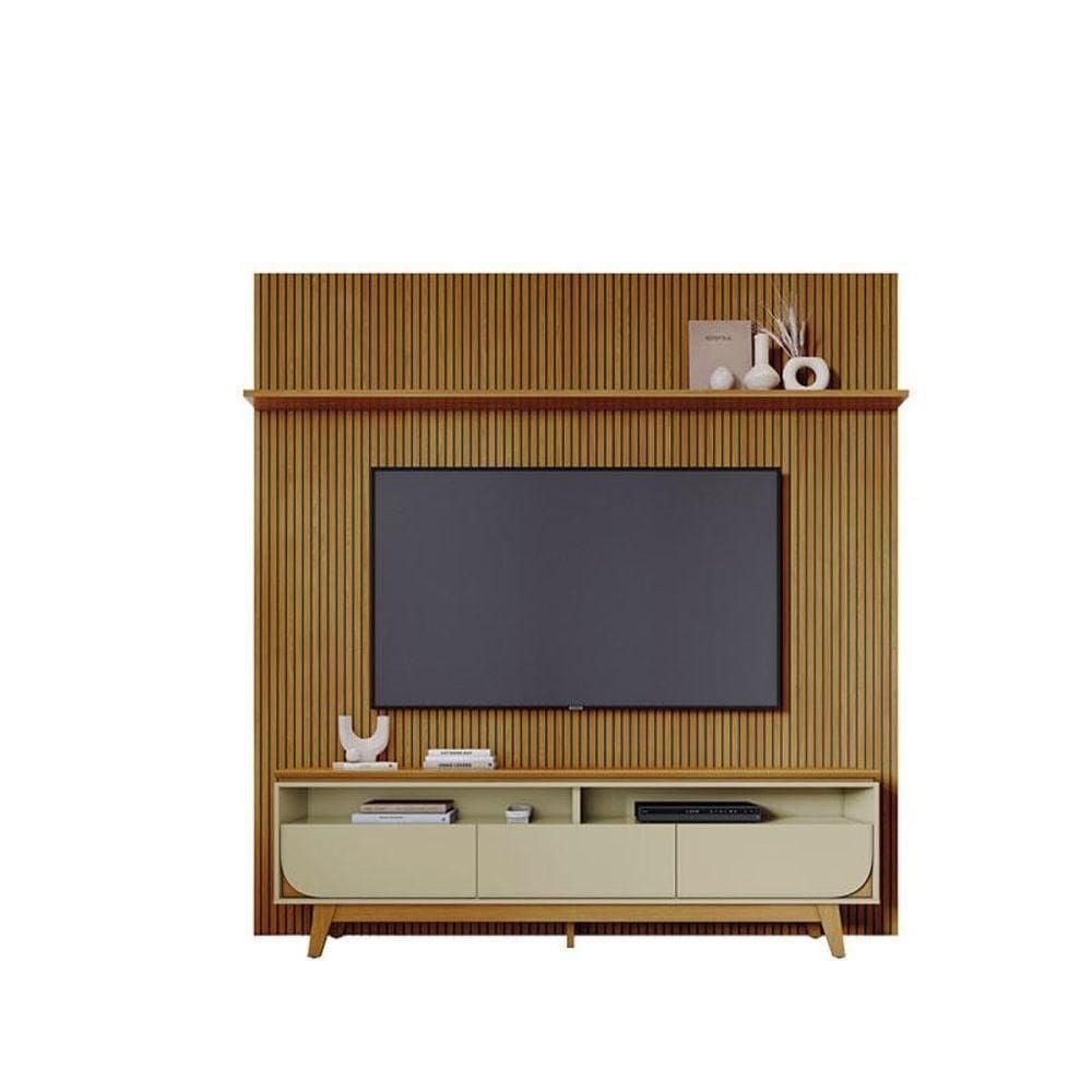 Painel Piso Teto New Guaporé Com Rack Bancada Selene New Luna Cumaru Opala - Madetec