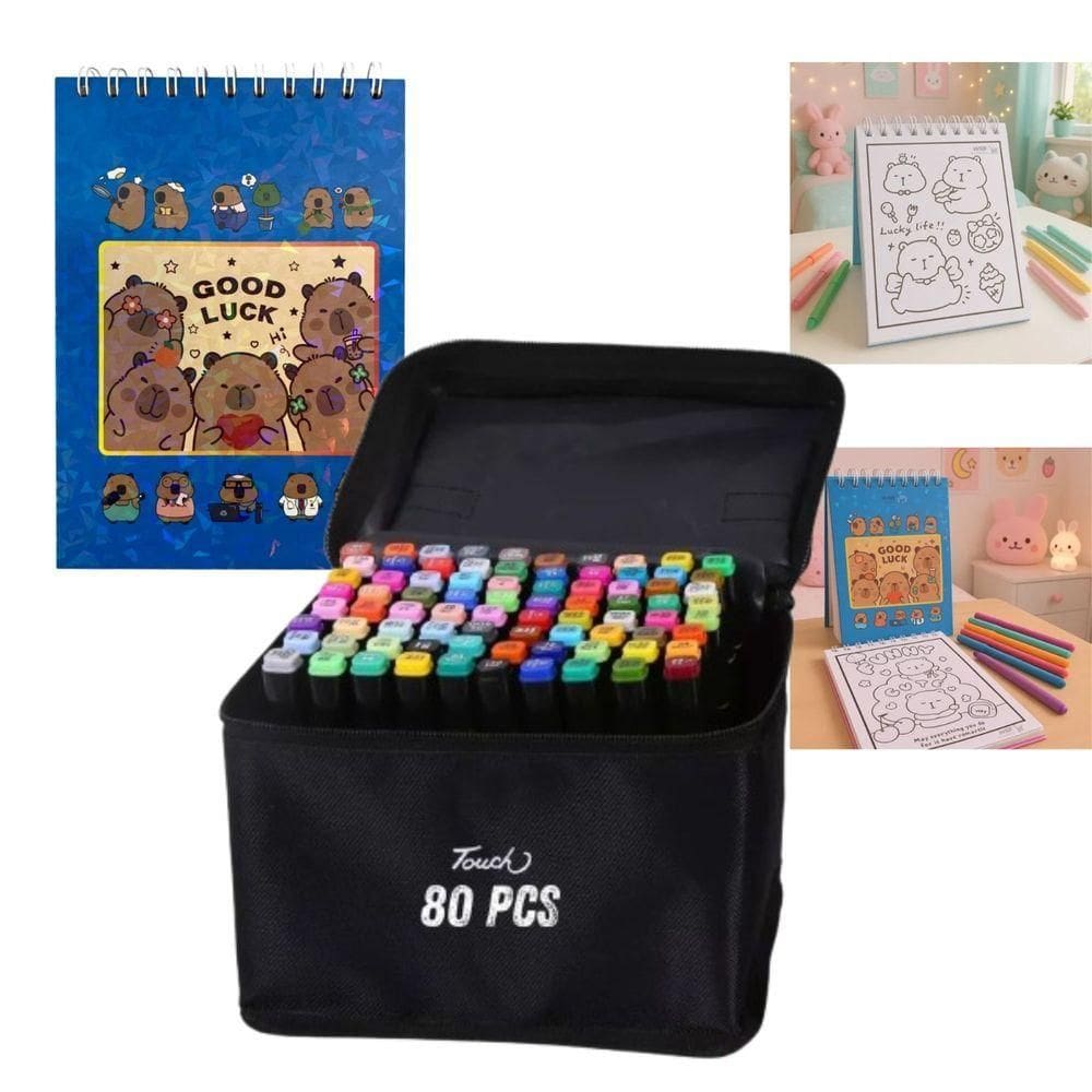 Canetinhas 80 Cores Livro Pintar Colorir Capivara Fofa 50 Paginas Desenho Divertido Relaxante Pintura Hobbie Lazer