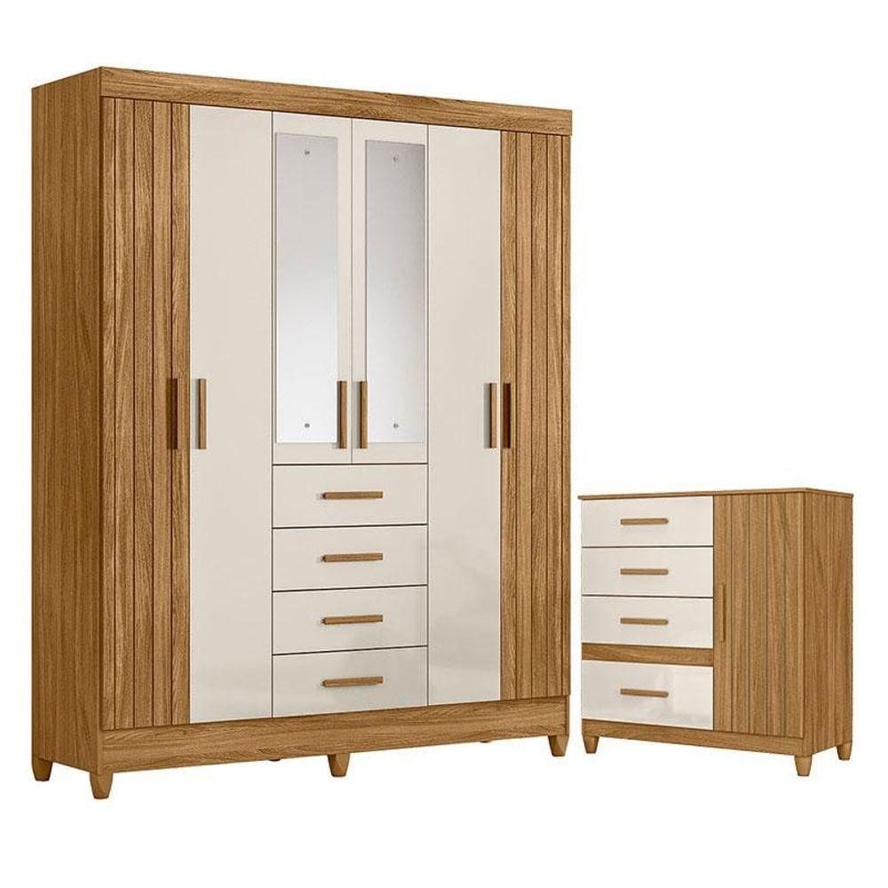 Guarda Roupa Solteiro Aruba Com Espelho E Cômoda Vênus Com Pés Freijó Off White - Moval