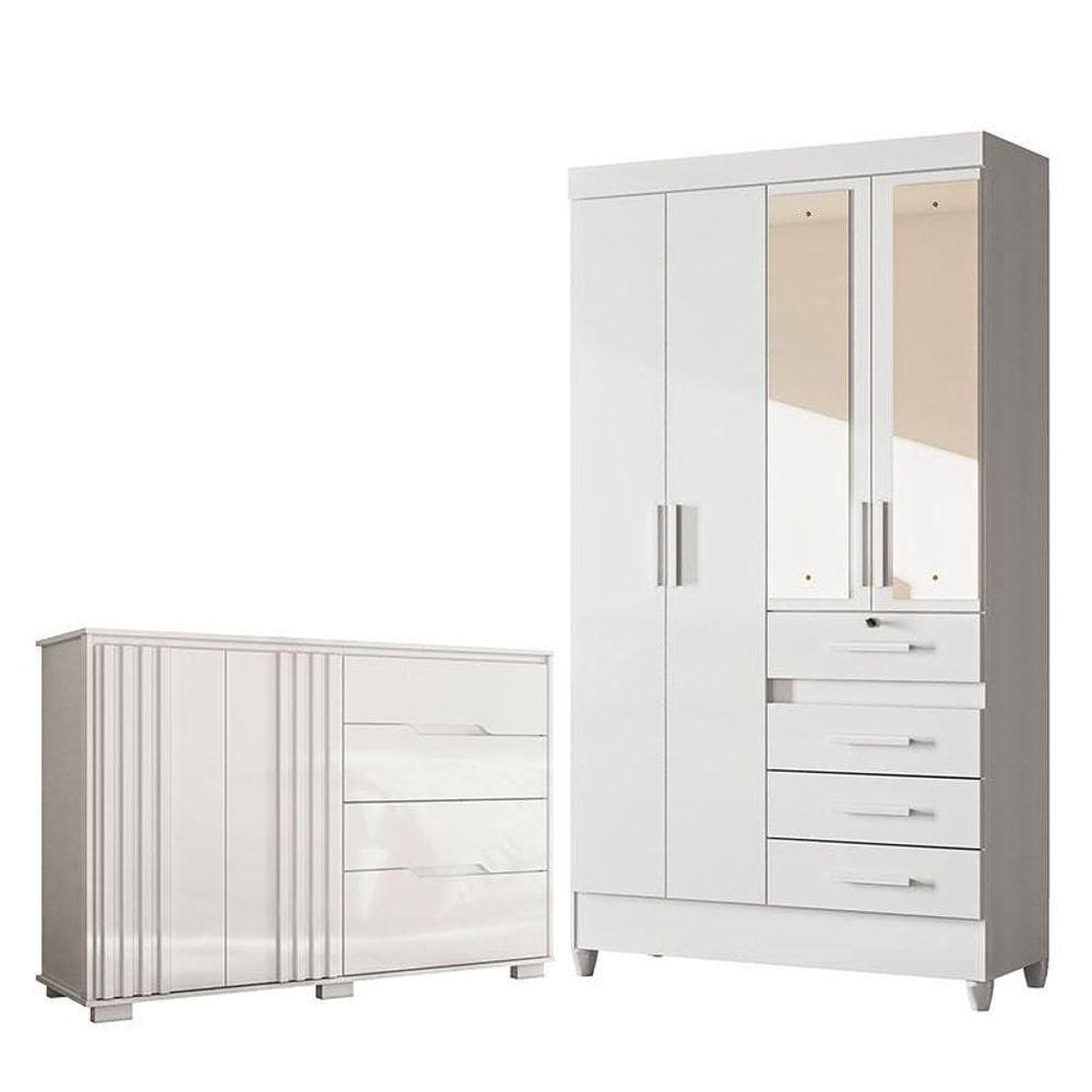 Guarda Roupa Infantil Sobral Com Espelho E Cômoda Texas Branco Brilho - Moval