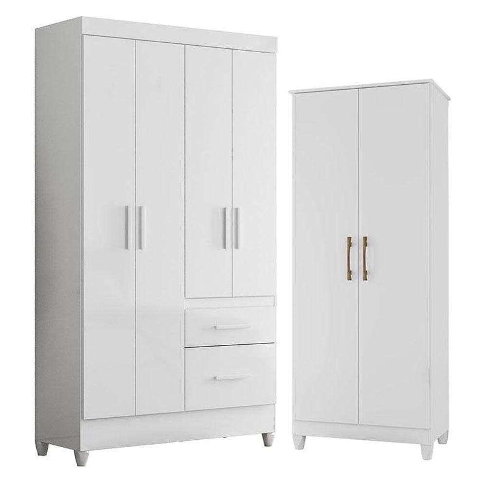 Guarda Roupa Solteiro Madri E Armário Multiuso Jade Branco Brilho - Moval