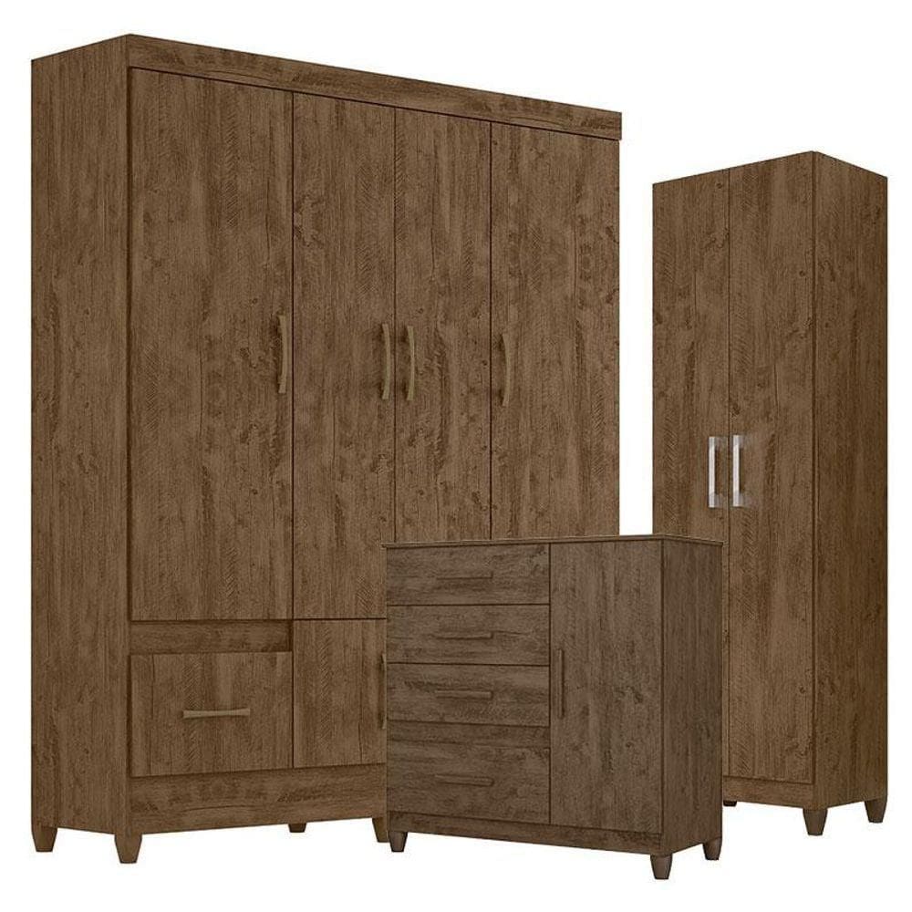 Guarda Roupa Casal Ms912 Com Cômoda Vênus Com Pés E Armário Multiuso New íris Castanho Wood - Moval