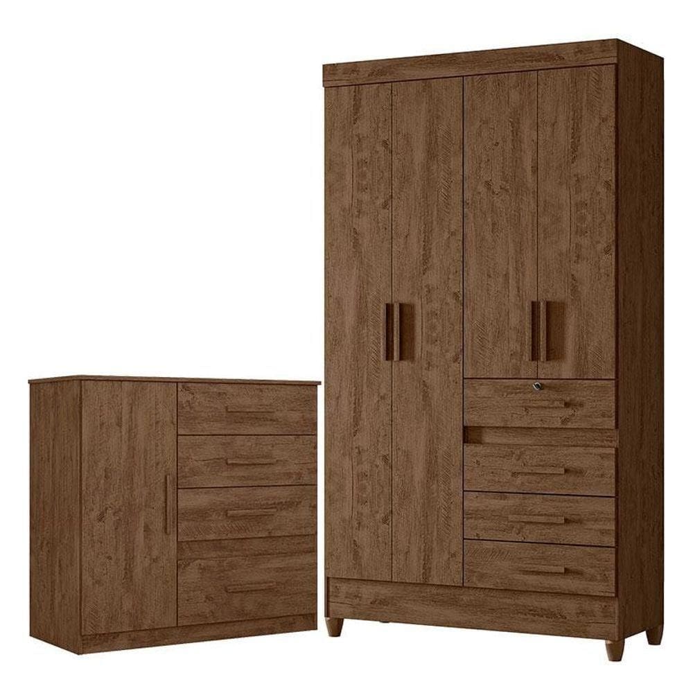 Guarda Roupa Solteiro Sobral E Cômoda Vênus Castanho Wood - Moval
