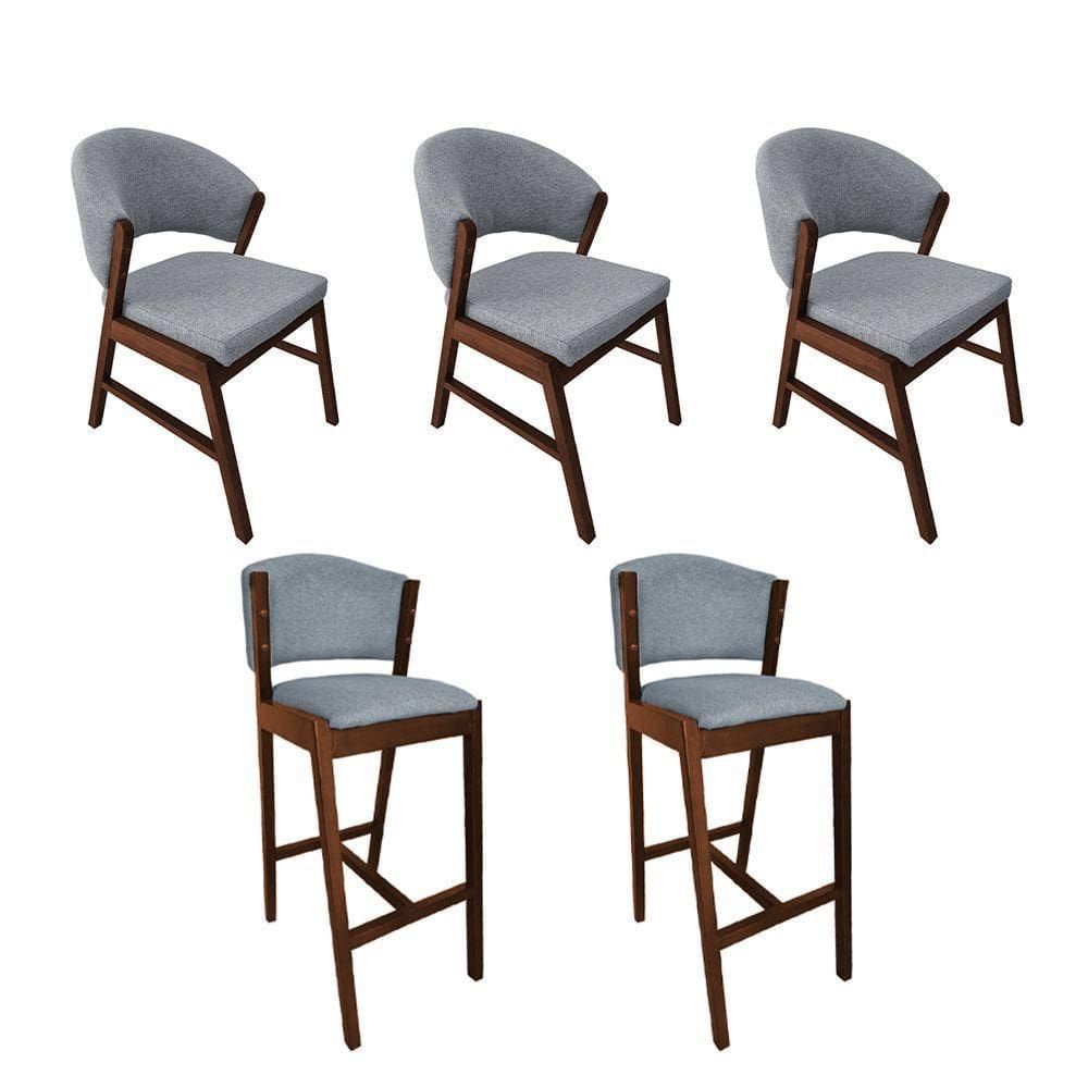 Kit 3 Cadeiras De Jantar Debora Com 2 Banquetas Ana Madeira Maciça Premium Linho Cinza