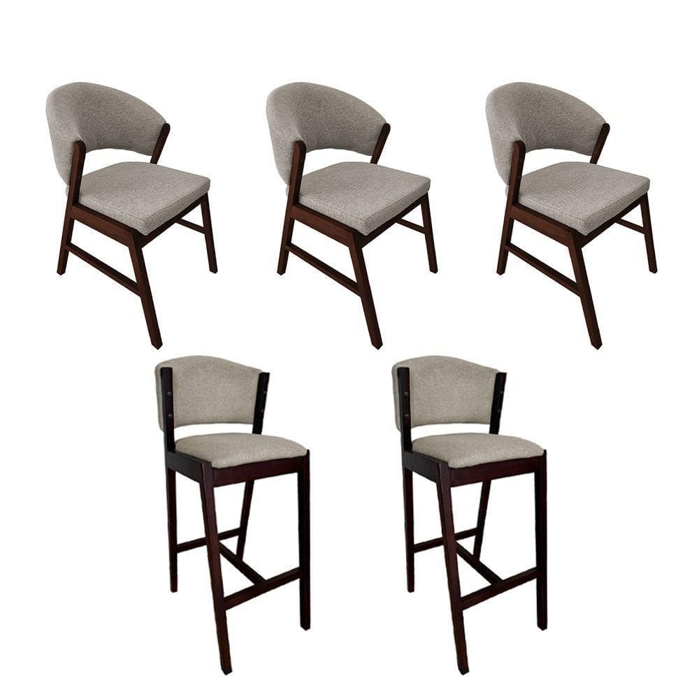 Kit 3 Cadeiras De Jantar Debora Com 2 Banquetas Ana Madeira Maciça Castanho Premium Linho Bege