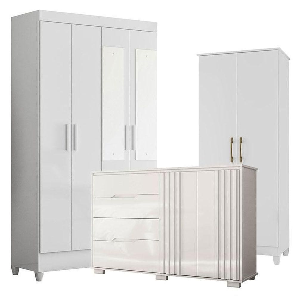 Guarda Roupa Com Espelho Infantil Madri Com Cômoda Texas E Armário Multiuso Jade Branco Brilho - Moval