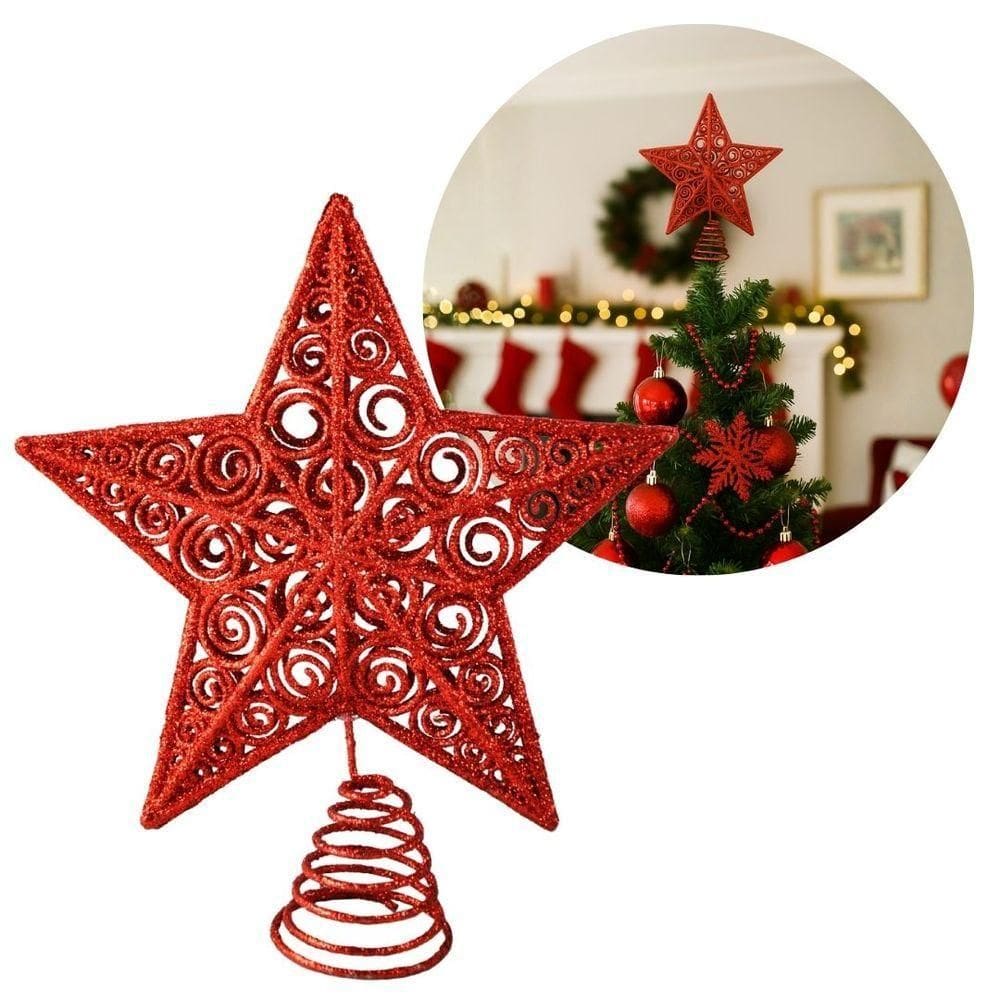 Estrela Ponteira De Natal Vermelha Luxo Com Glitter Arabesco – Topo De árvore 20cm Com Base Espiral