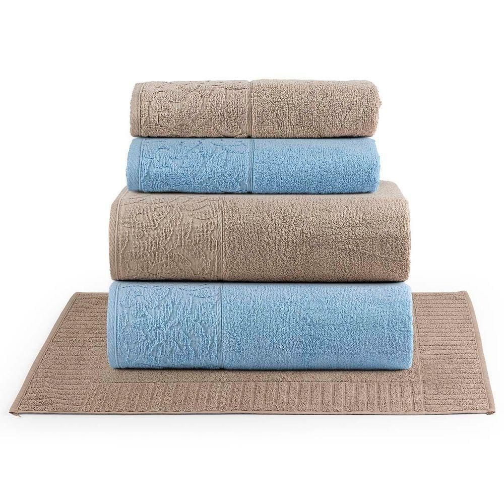 Jogo De Banho Blume Toalhas Macias 100% Algodão Fio Penteado 5 Peças Azul E Bege