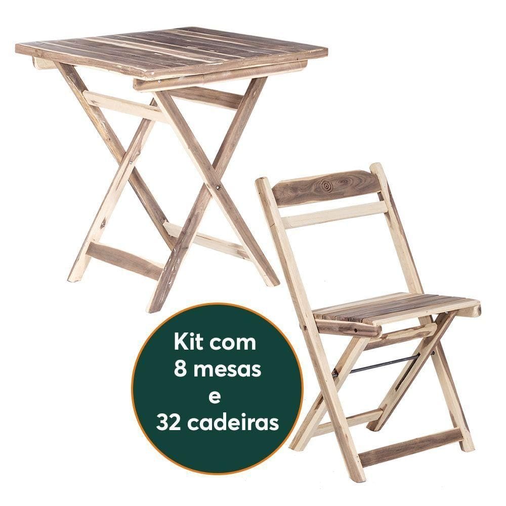 Kit 8 Mesas Dobráveis Com 32 Cadeiras 100% Madeira Maciça Ypê Natural
