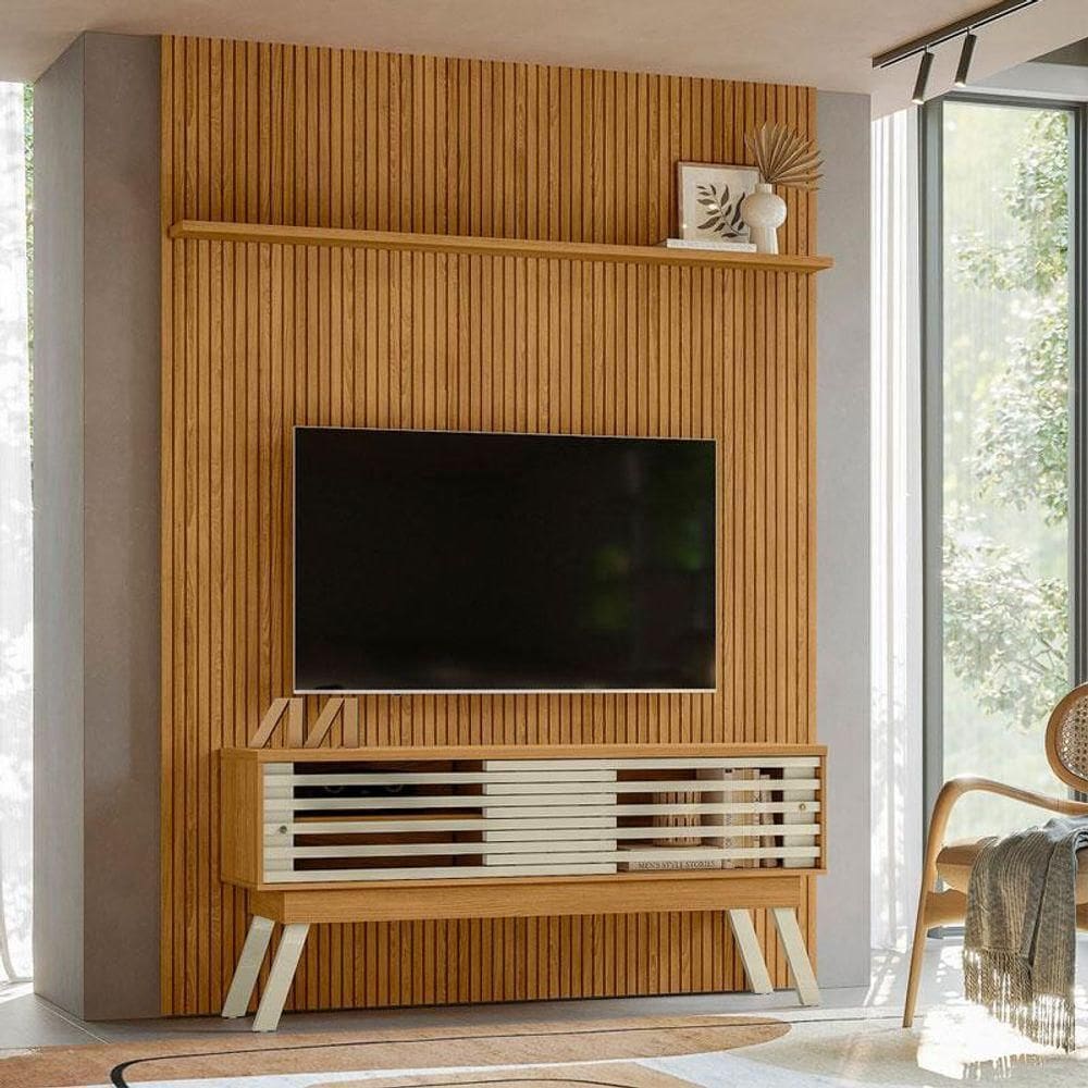 Painel Piso Teto New Interlagos Com Rack Bancada Frizz New Premium Ambiente Cumaru Opala - Madetec