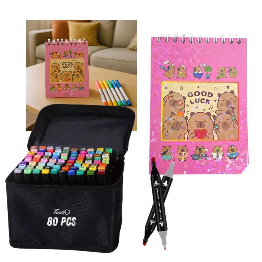 Canetinhas 80 Cores Com Livro De Pintar Capivara Fofa 50 Paginas Estojo Canetas Desenho Pintura Hobbie Lazer