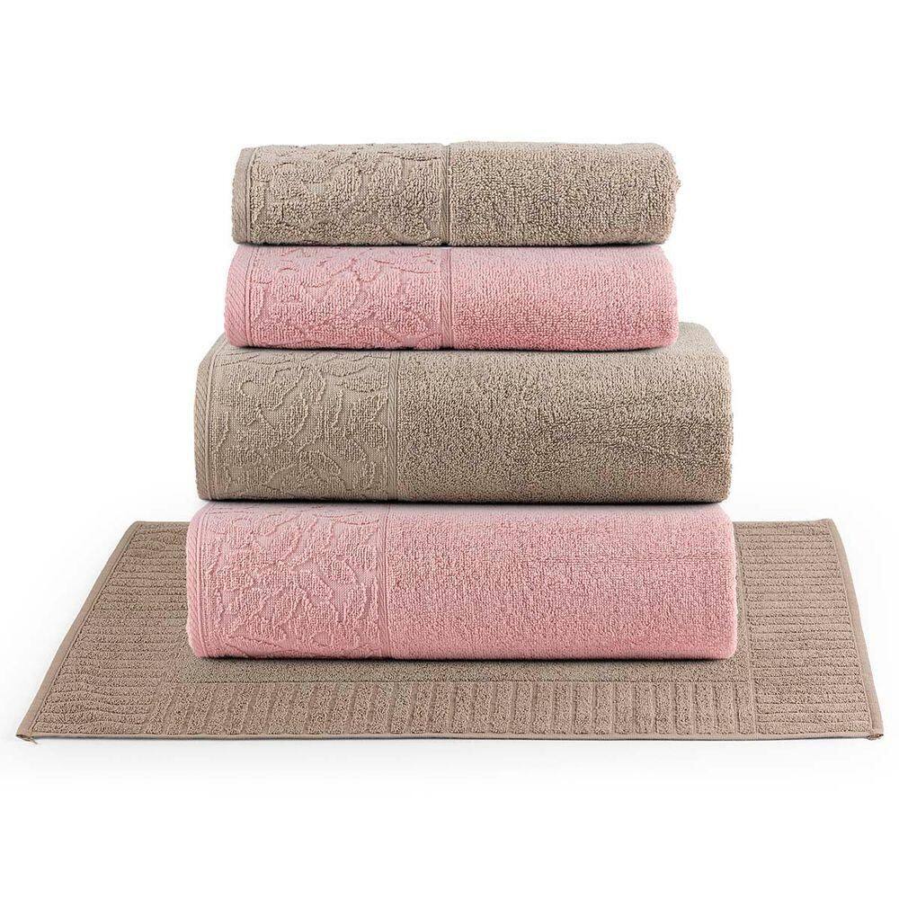 Jogo De Banho Blume Toalhas Macias 100% Algodão Fio Penteado 5 Peças Rosa E Bege