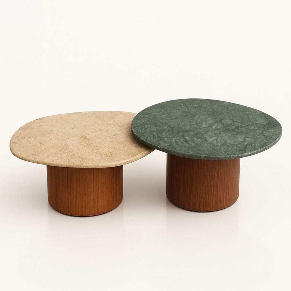Conjunto De Duas Mesas De Centro Orgânica 90 Cm Mármore Guatemala & Travertino
