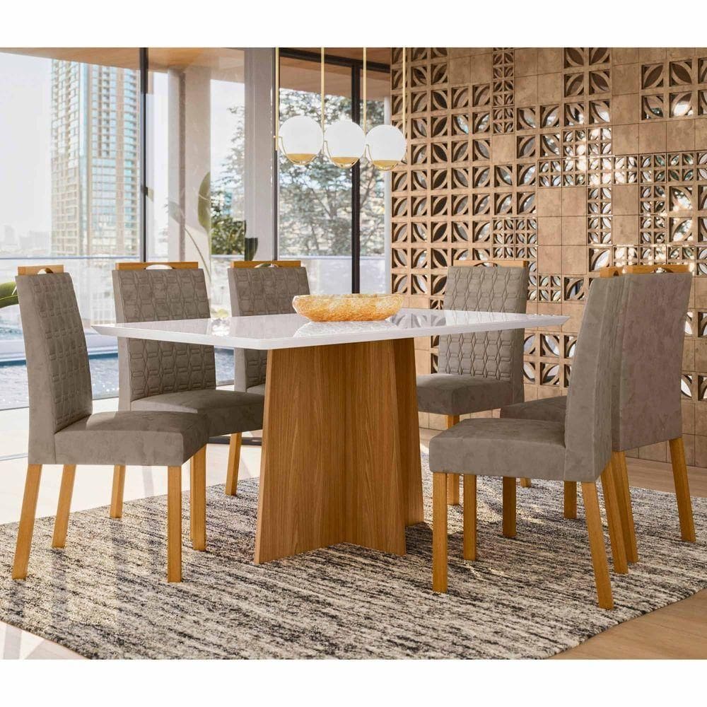 Conjunto Sala De Jantar Mesa Anitta 1,60m Com 6 Cadeiras Mariah Ypê/off White/lux - New Ceval